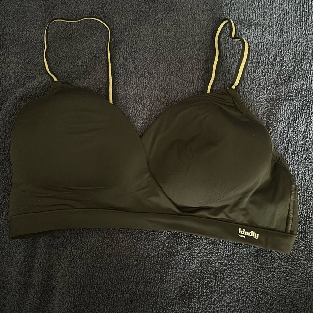 Black bra with tan and black straps